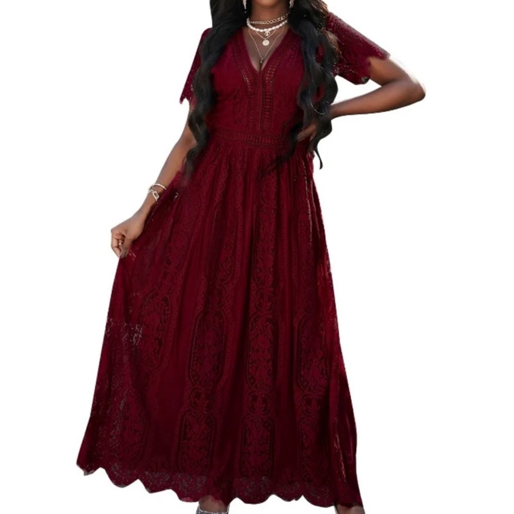 Bdcoco Womens V Neck Floral Lace Dress Short Sleeve Maxi Dress Wine